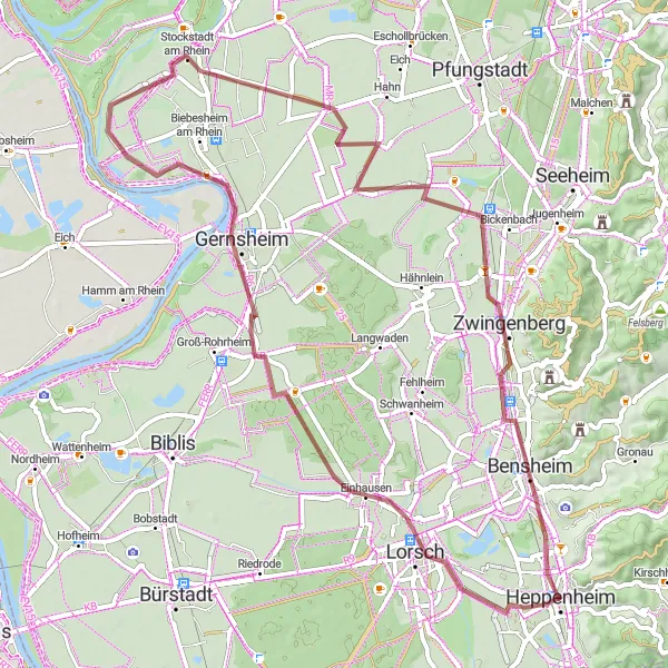 Map miniature of "Heppenheim Loop" cycling inspiration in Darmstadt, Germany. Generated by Tarmacs.app cycling route planner