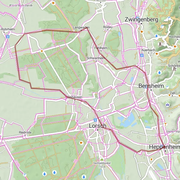 Map miniature of "Lorsch Adventure" cycling inspiration in Darmstadt, Germany. Generated by Tarmacs.app cycling route planner