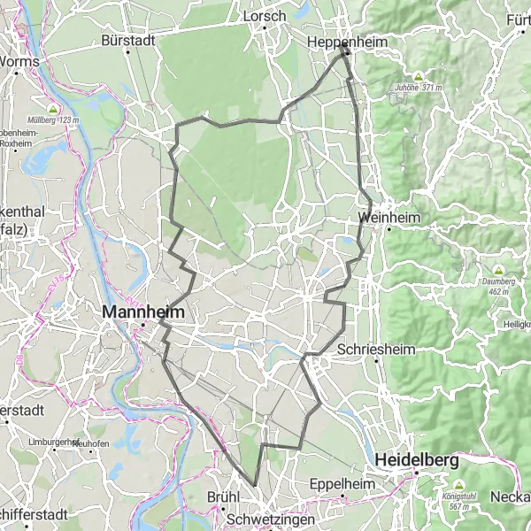 Map miniature of "Bergstrasse Day Trip" cycling inspiration in Darmstadt, Germany. Generated by Tarmacs.app cycling route planner