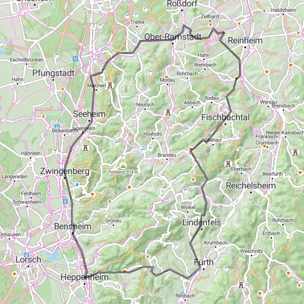 Karten-Miniaturansicht der Radinspiration "Bergstraße und Odenwald Rundtour" in Darmstadt, Germany. Erstellt vom Tarmacs.app-Routenplaner für Radtouren
