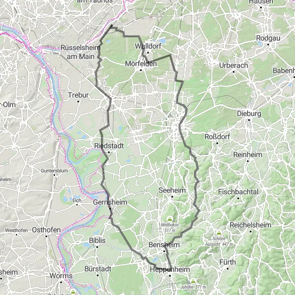 Karten-Miniaturansicht der Radinspiration "Rund um Heppenheim und Groß-Gerau" in Darmstadt, Germany. Erstellt vom Tarmacs.app-Routenplaner für Radtouren
