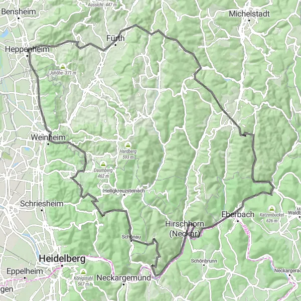 Karten-Miniaturansicht der Radinspiration "Eberbachtal-Rundtour - 120km" in Darmstadt, Germany. Erstellt vom Tarmacs.app-Routenplaner für Radtouren