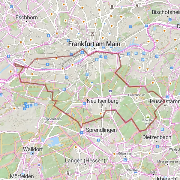 Map miniature of "Gravel Adventure to Frankfurt" cycling inspiration in Darmstadt, Germany. Generated by Tarmacs.app cycling route planner