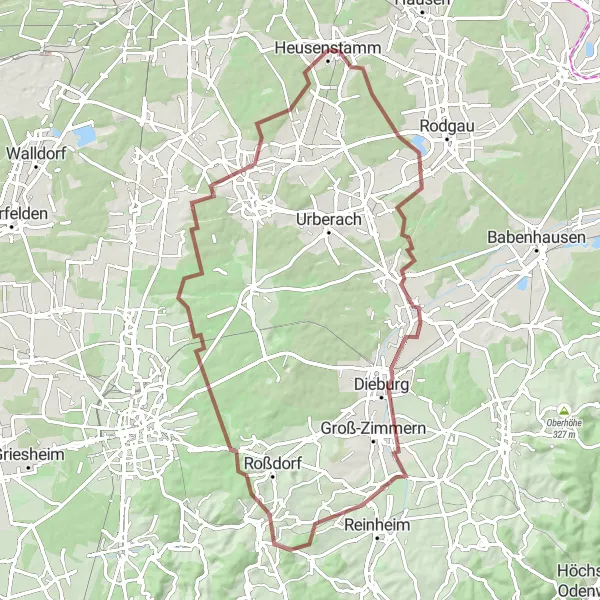 Karten-Miniaturansicht der Radinspiration "Gravelabenteuer durch Dieburg und Götzenhain" in Darmstadt, Germany. Erstellt vom Tarmacs.app-Routenplaner für Radtouren