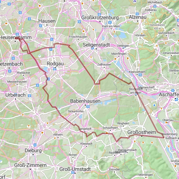 Karten-Miniaturansicht der Radinspiration "Gravelrunde nach Langstadt und Großostheim" in Darmstadt, Germany. Erstellt vom Tarmacs.app-Routenplaner für Radtouren