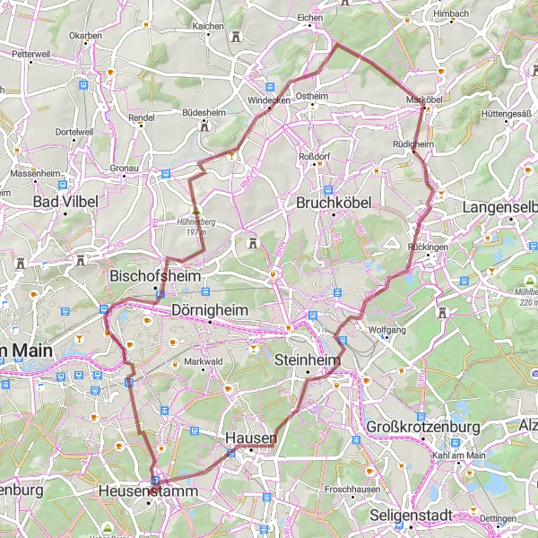 Karten-Miniaturansicht der Radinspiration "Abenteuerliche Gravelstrecke über Kilianstädten und Langendiebach" in Darmstadt, Germany. Erstellt vom Tarmacs.app-Routenplaner für Radtouren