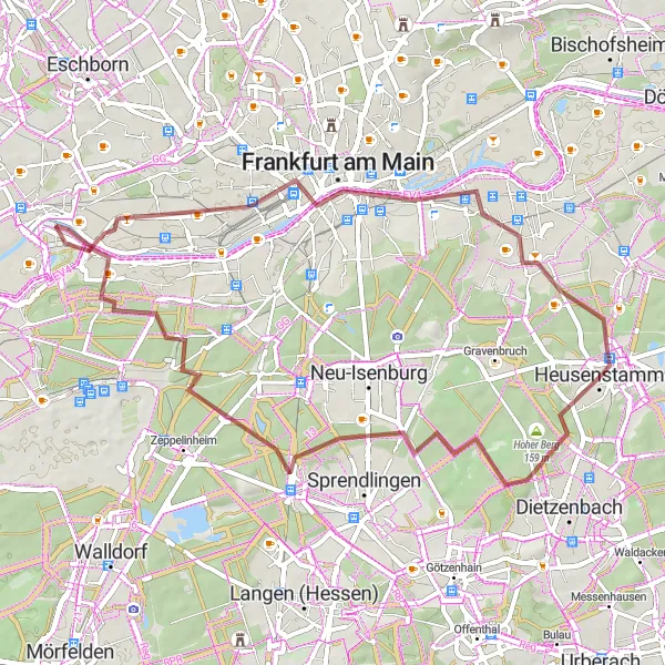 Map miniature of "Nied and Offenbach am Main Exploration" cycling inspiration in Darmstadt, Germany. Generated by Tarmacs.app cycling route planner