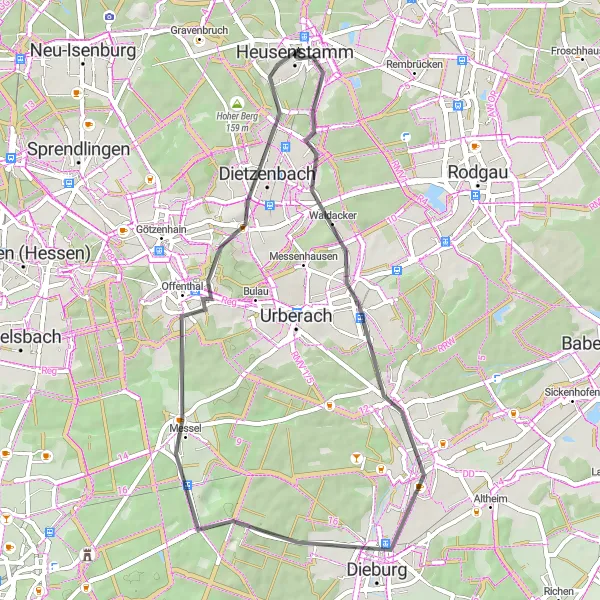Karten-Miniaturansicht der Radinspiration "Kurze Rundtour durch Messel und Dietzenbach" in Darmstadt, Germany. Erstellt vom Tarmacs.app-Routenplaner für Radtouren