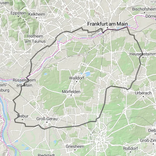 Karten-Miniaturansicht der Radinspiration "100 km durch den Regionalpark RheinMain" in Darmstadt, Germany. Erstellt vom Tarmacs.app-Routenplaner für Radtouren