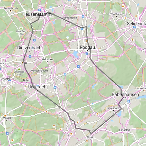 Karten-Miniaturansicht der Radinspiration "Rund um Rodgau" in Darmstadt, Germany. Erstellt vom Tarmacs.app-Routenplaner für Radtouren