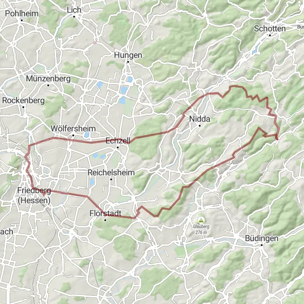 Map miniature of "Schafskirche and Friedberg Gravel Loop" cycling inspiration in Darmstadt, Germany. Generated by Tarmacs.app cycling route planner