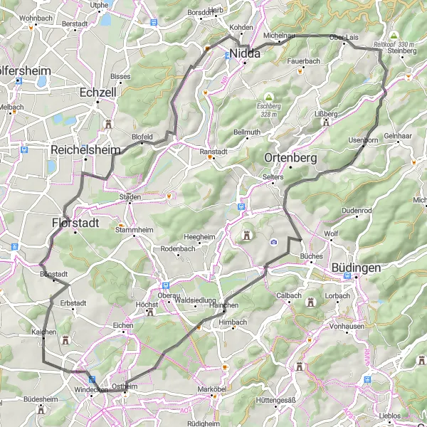 Map miniature of "Usenborn - Hirzenhain Loop" cycling inspiration in Darmstadt, Germany. Generated by Tarmacs.app cycling route planner