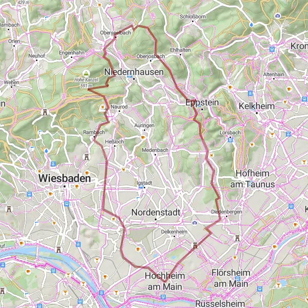 Map miniature of "Gravel Ride to Eppstein" cycling inspiration in Darmstadt, Germany. Generated by Tarmacs.app cycling route planner