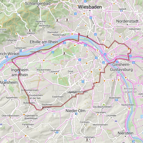Map miniature of "Gravel Adventure near Hochheim am Main" cycling inspiration in Darmstadt, Germany. Generated by Tarmacs.app cycling route planner