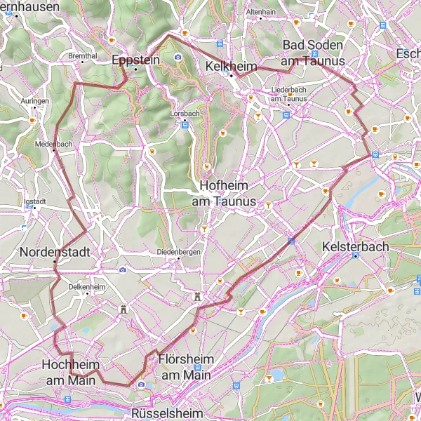 Map miniature of "Gravel Adventure to Hattersheim" cycling inspiration in Darmstadt, Germany. Generated by Tarmacs.app cycling route planner