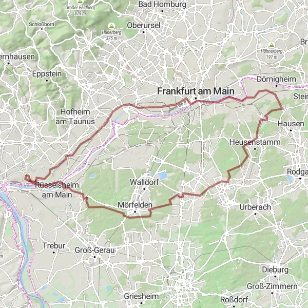 Map miniature of "Discover the Main River Valley" cycling inspiration in Darmstadt, Germany. Generated by Tarmacs.app cycling route planner