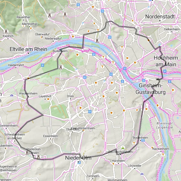 Map miniature of "Road Cycling along the Rhein" cycling inspiration in Darmstadt, Germany. Generated by Tarmacs.app cycling route planner