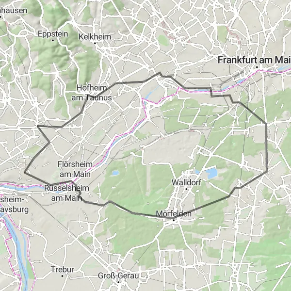 Map miniature of "Road Cycling through the Taunus" cycling inspiration in Darmstadt, Germany. Generated by Tarmacs.app cycling route planner