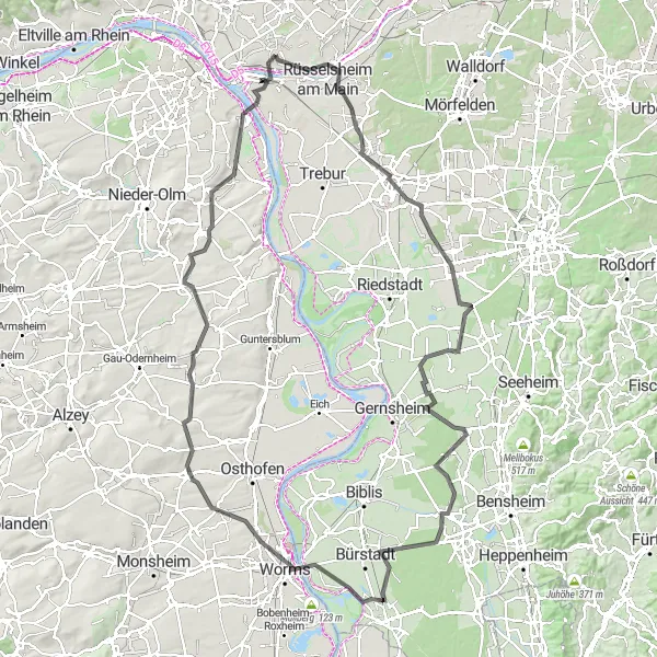 Karten-Miniaturansicht der Radinspiration "Weinberge und Historie am Rhein" in Darmstadt, Germany. Erstellt vom Tarmacs.app-Routenplaner für Radtouren