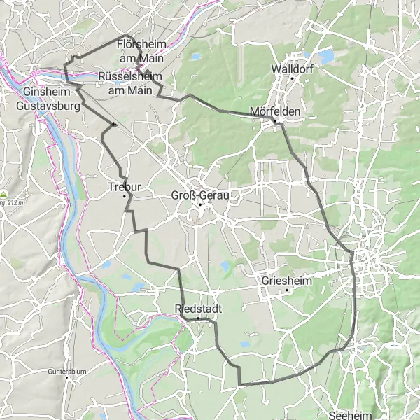 Map miniature of "The Hochheim Loop" cycling inspiration in Darmstadt, Germany. Generated by Tarmacs.app cycling route planner