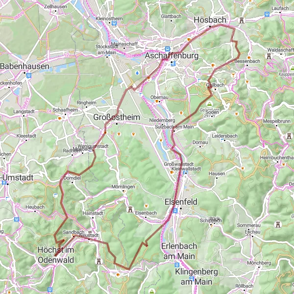 Map miniature of "Odenwald Adventure" cycling inspiration in Darmstadt, Germany. Generated by Tarmacs.app cycling route planner