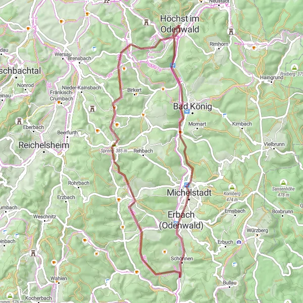 Map miniature of "Odenwald Gravel Adventure" cycling inspiration in Darmstadt, Germany. Generated by Tarmacs.app cycling route planner