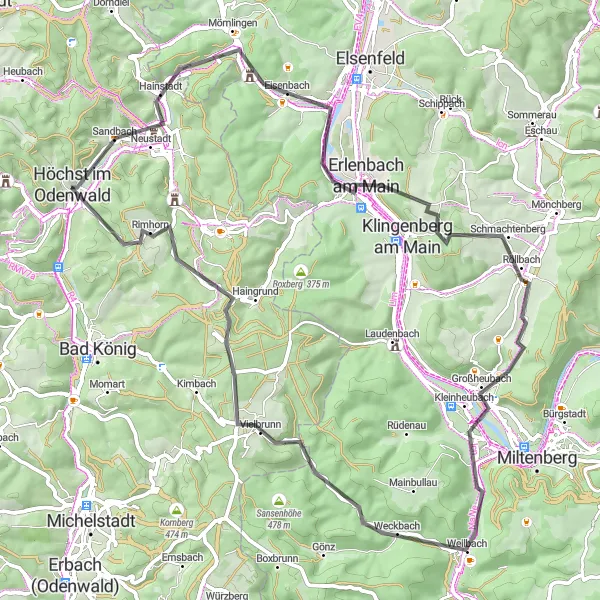 Map miniature of "Rolling Hills and Charming Villages" cycling inspiration in Darmstadt, Germany. Generated by Tarmacs.app cycling route planner