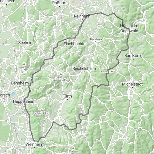Karten-Miniaturansicht der Radinspiration "Höchst im Odenwald nach Burzelberg" in Darmstadt, Germany. Erstellt vom Tarmacs.app-Routenplaner für Radtouren