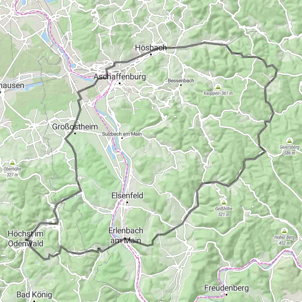 Map miniature of "Road Cycling in Odenwald" cycling inspiration in Darmstadt, Germany. Generated by Tarmacs.app cycling route planner
