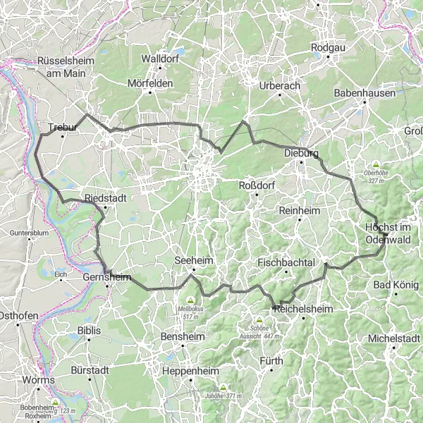 Map miniature of "Scenic Loop around Höchst im Odenwald" cycling inspiration in Darmstadt, Germany. Generated by Tarmacs.app cycling route planner