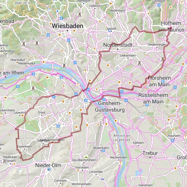 Map miniature of "Rheinhessen Explorer Gravel Route" cycling inspiration in Darmstadt, Germany. Generated by Tarmacs.app cycling route planner