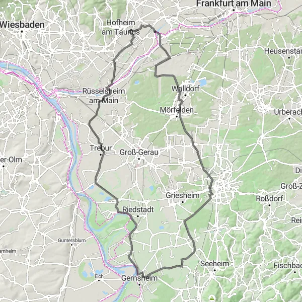 Map miniature of "Darmstadt Road Cycling Adventure" cycling inspiration in Darmstadt, Germany. Generated by Tarmacs.app cycling route planner