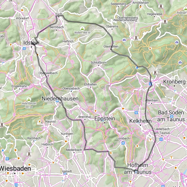 Map miniature of "Taunus Escapade" cycling inspiration in Darmstadt, Germany. Generated by Tarmacs.app cycling route planner