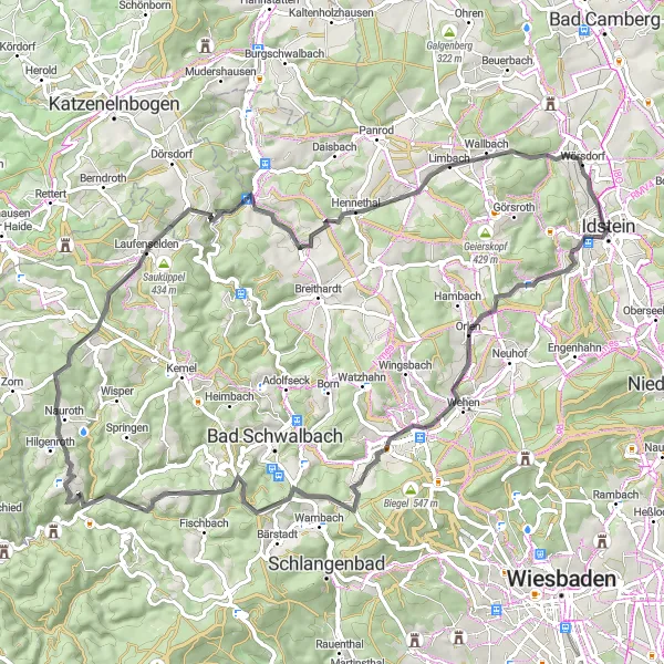 Karten-Miniaturansicht der Radinspiration "Hochtaunus-Runde von Idstein" in Darmstadt, Germany. Erstellt vom Tarmacs.app-Routenplaner für Radtouren