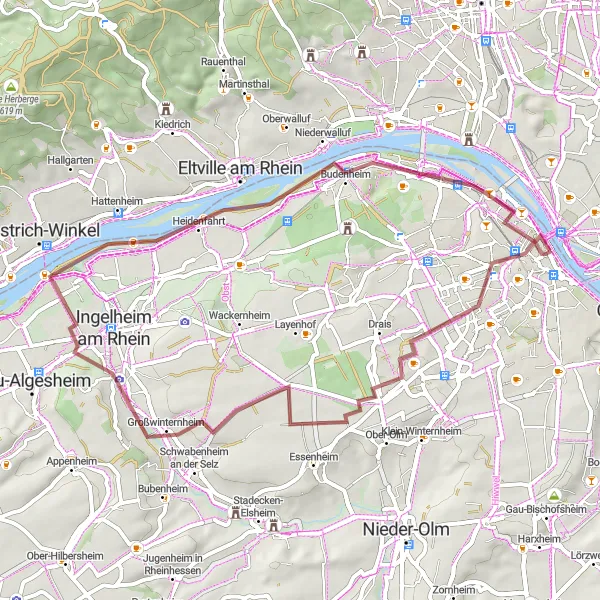 Karten-Miniaturansicht der Radinspiration "Gravel Tour um Mainz und Ingelheim" in Darmstadt, Germany. Erstellt vom Tarmacs.app-Routenplaner für Radtouren