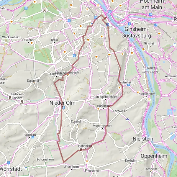 Map miniature of "Mainz Gravel Tour" cycling inspiration in Darmstadt, Germany. Generated by Tarmacs.app cycling route planner