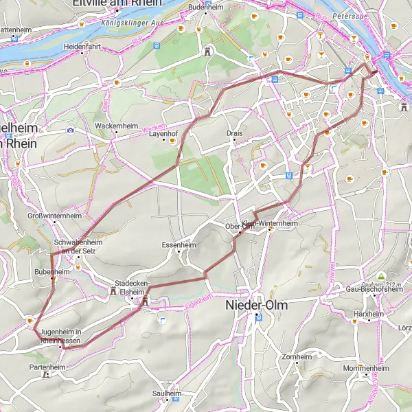 Map miniature of "Charming Gravel Route to Gonsenheim" cycling inspiration in Darmstadt, Germany. Generated by Tarmacs.app cycling route planner