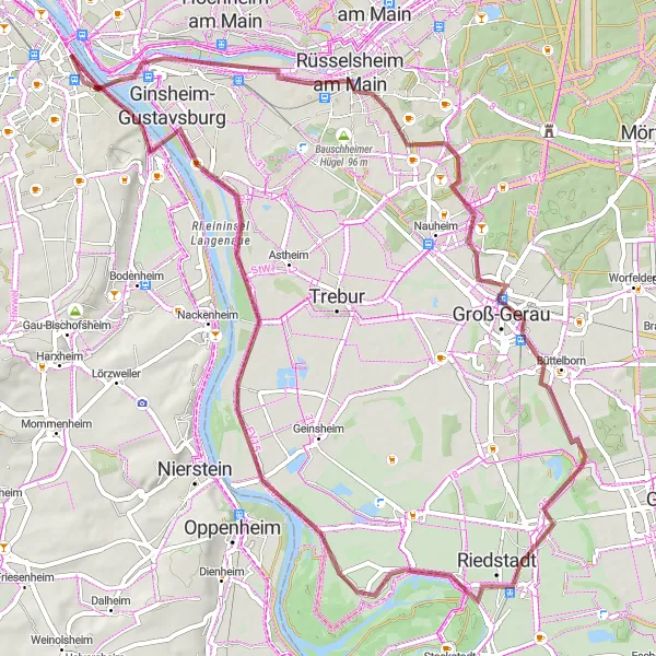 Map miniature of "Scenic Gravel Route to Rüsselsheim" cycling inspiration in Darmstadt, Germany. Generated by Tarmacs.app cycling route planner