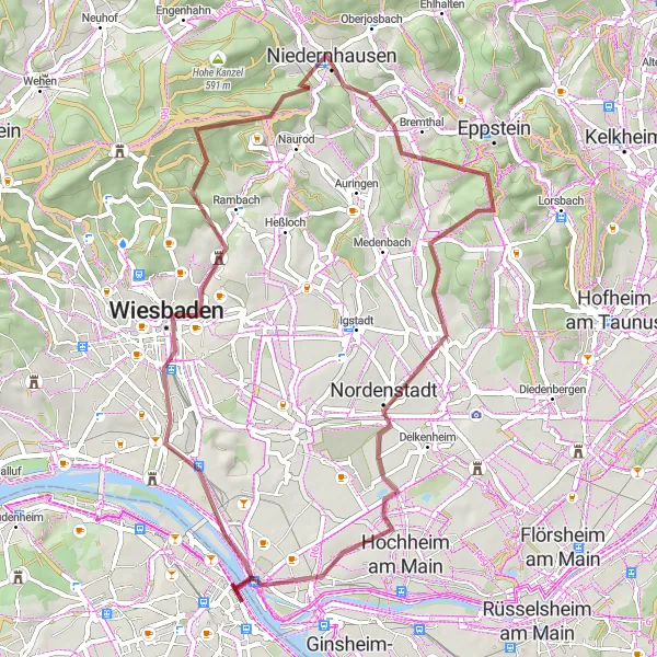 Map miniature of "Wiesbaden Gravel Adventure" cycling inspiration in Darmstadt, Germany. Generated by Tarmacs.app cycling route planner