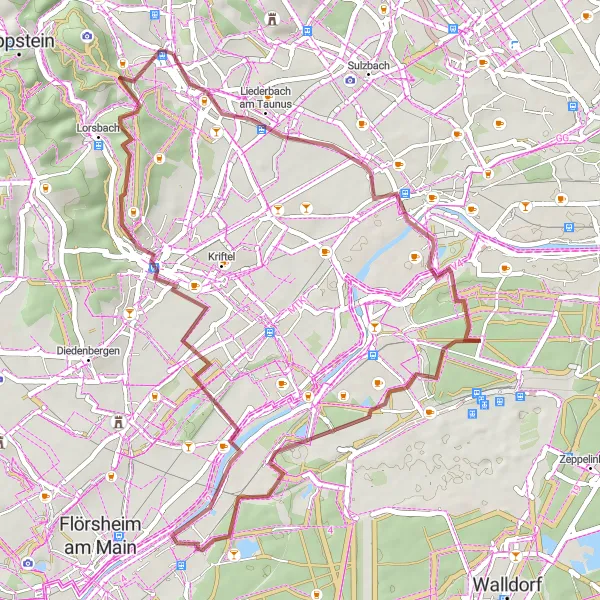 Map miniature of "Kelkheim-Mitte Gravel Ride" cycling inspiration in Darmstadt, Germany. Generated by Tarmacs.app cycling route planner