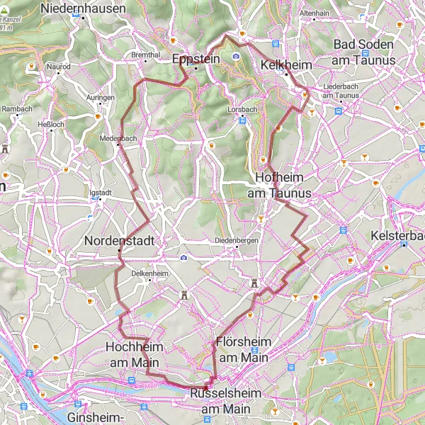 Map miniature of "Kelkheim-Mitte to Hornau Gravel Adventure" cycling inspiration in Darmstadt, Germany. Generated by Tarmacs.app cycling route planner