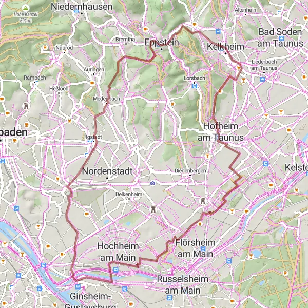 Map miniature of "Kelkheim-Mitte Gravel Ride" cycling inspiration in Darmstadt, Germany. Generated by Tarmacs.app cycling route planner