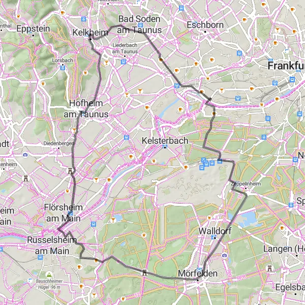 Map miniature of "Kelkheim-Mitte to Hofheim am Taunus Road Trip" cycling inspiration in Darmstadt, Germany. Generated by Tarmacs.app cycling route planner