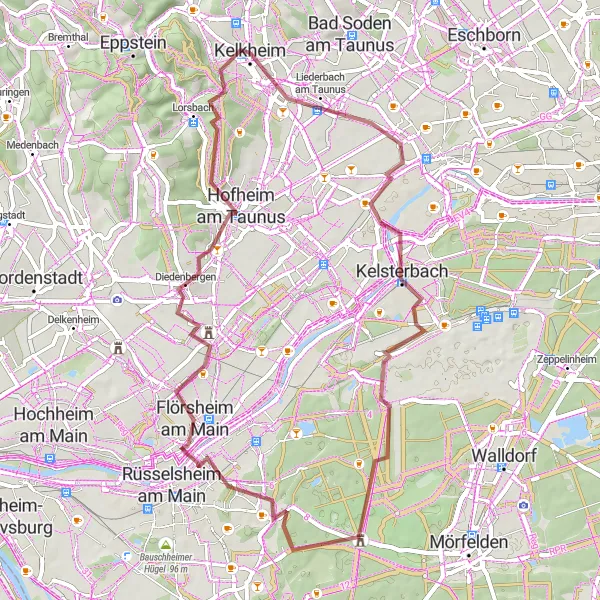 Map miniature of "Taunus Gravel Adventure" cycling inspiration in Darmstadt, Germany. Generated by Tarmacs.app cycling route planner