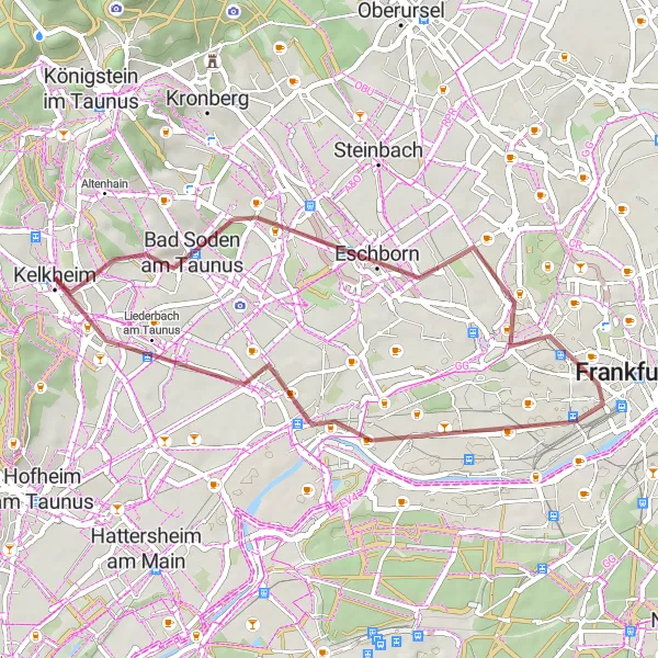 Map miniature of "Kelkheim Gravel Route" cycling inspiration in Darmstadt, Germany. Generated by Tarmacs.app cycling route planner