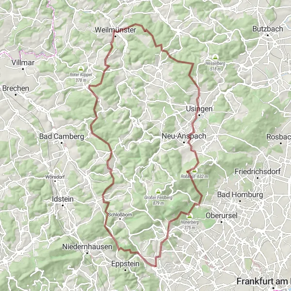 Map miniature of "Ultimate Gravel Adventure in the Taunus Mountains" cycling inspiration in Darmstadt, Germany. Generated by Tarmacs.app cycling route planner