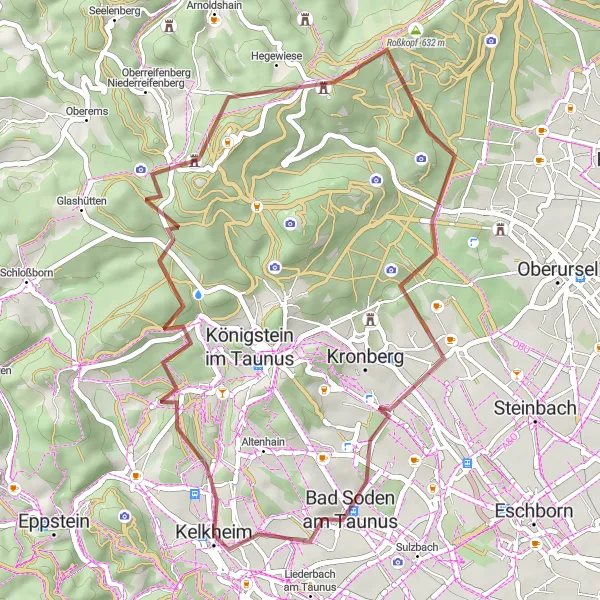 Map miniature of "Kelkheim Gravel Adventure" cycling inspiration in Darmstadt, Germany. Generated by Tarmacs.app cycling route planner