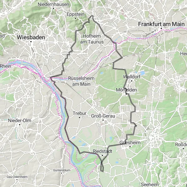 Map miniature of "Kelkheim Road Route" cycling inspiration in Darmstadt, Germany. Generated by Tarmacs.app cycling route planner