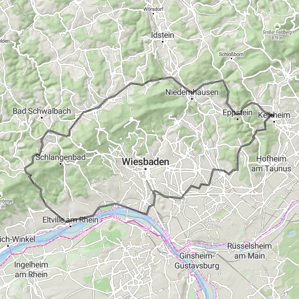 Map miniature of "Kelkheim Loop via Breckenheim" cycling inspiration in Darmstadt, Germany. Generated by Tarmacs.app cycling route planner