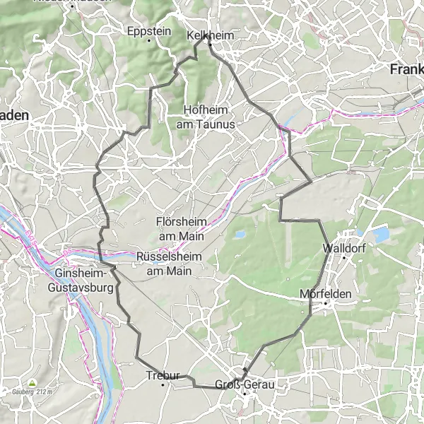 Map miniature of "Kelsterbach to Lorsbacher Kopf Loop" cycling inspiration in Darmstadt, Germany. Generated by Tarmacs.app cycling route planner